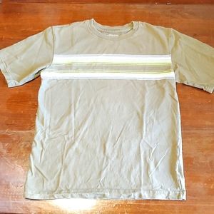 Canyon River Blue- kids large olive-tee with wht/green stripes across chest. A4.